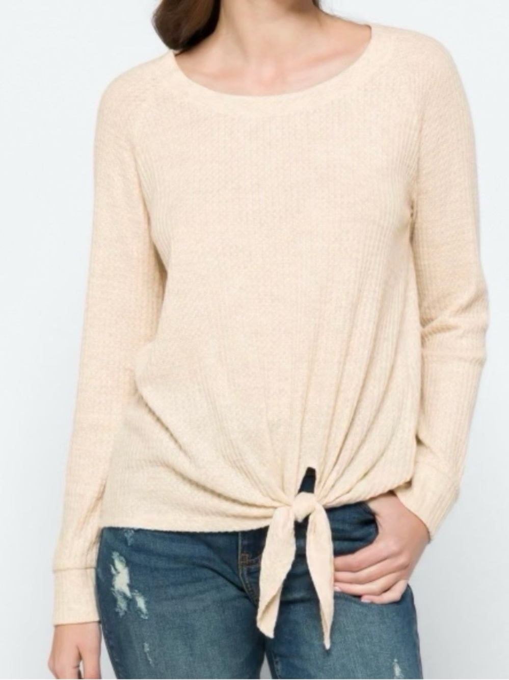 nine britton Beige Tie-Front Long Sleeve Top